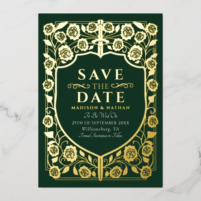 Green Sword Shield Medieval Monogram Save the Date (Front)