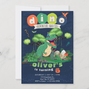 Green T-rex Adventure 6th Birthday Invitation  