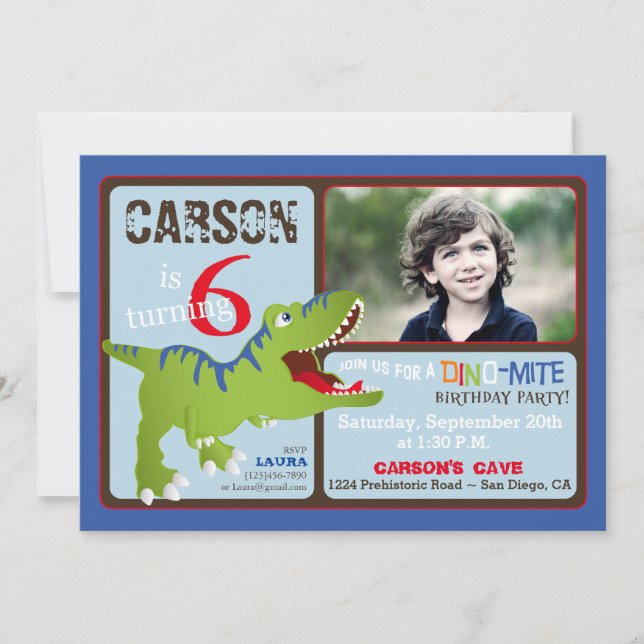 Green T-Rex Dinosaur Sixth Birthday Invite (Front)