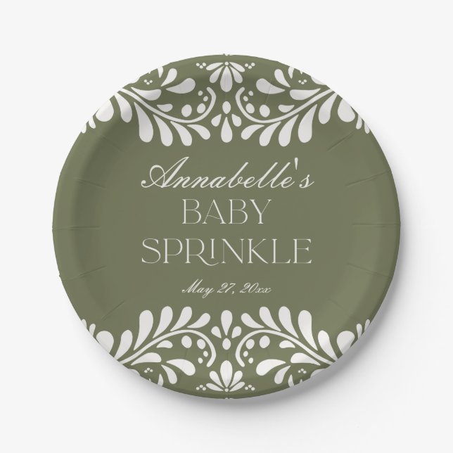 Green Talavera Tile Spanish Fiesta Baby Spinkle Paper Plate (Front)