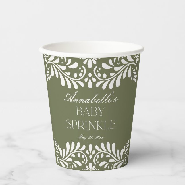 Green Talavera Tile Spanish Fiesta Baby Sprinkle Paper Cups (Front)