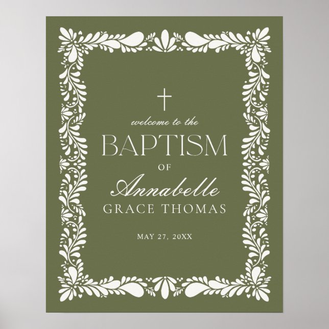 Green Talavera Tile Spanish Fiesta Baptism Welcome Poster (Front)