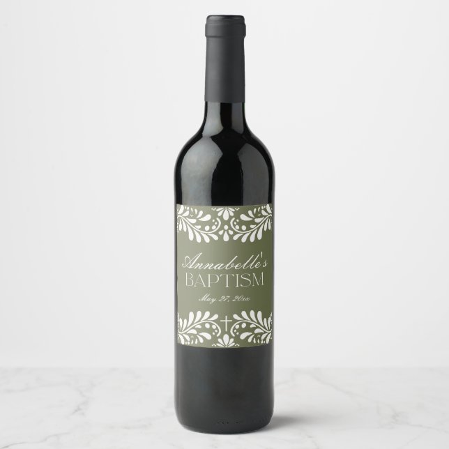 Green Talavera Tile Spanish Fiesta Baptism Wine Label (Front)