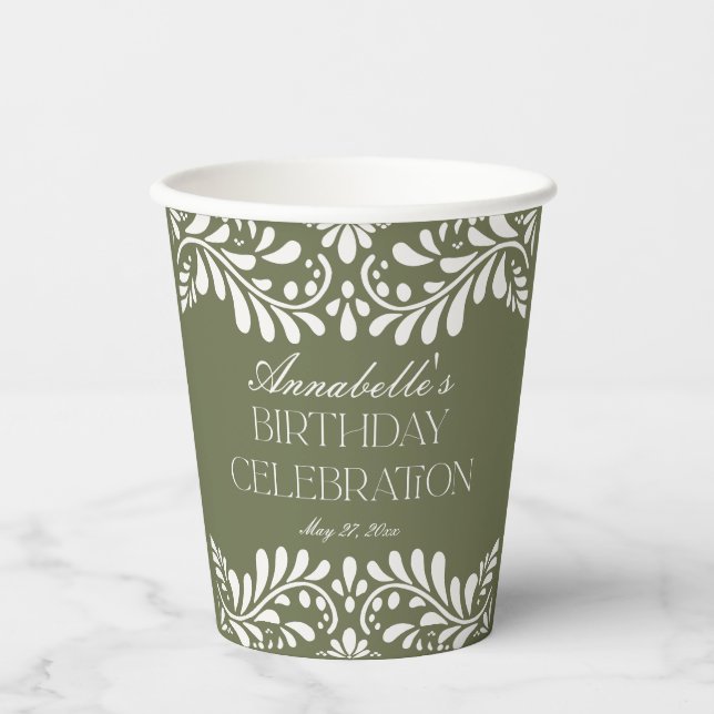 Green Talavera Tile Spanish Fiesta Birthday Party Paper Cups (Front)