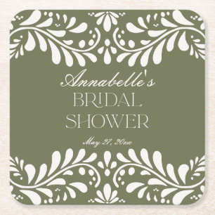 Green Talavera Tile Spanish Fiesta Bridal Shower Square Paper Coaster