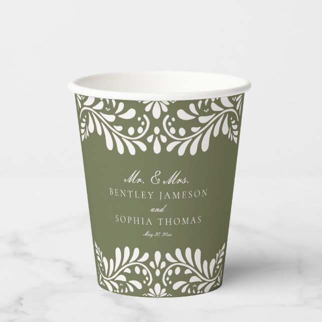 Green Talavera Tile Spanish Fiesta Wedding Paper Cups (Front)