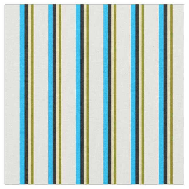 Green, Tan, Black, Deep Sky Blue, and White Lines Fabric (Close Up)