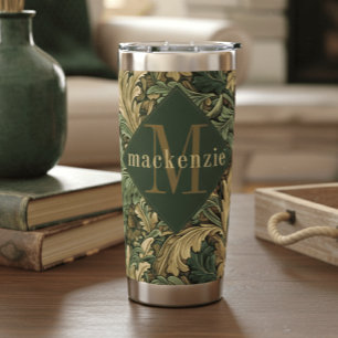 Green Tan Foliage William Morris Elegant Monogram Insulated Tumbler