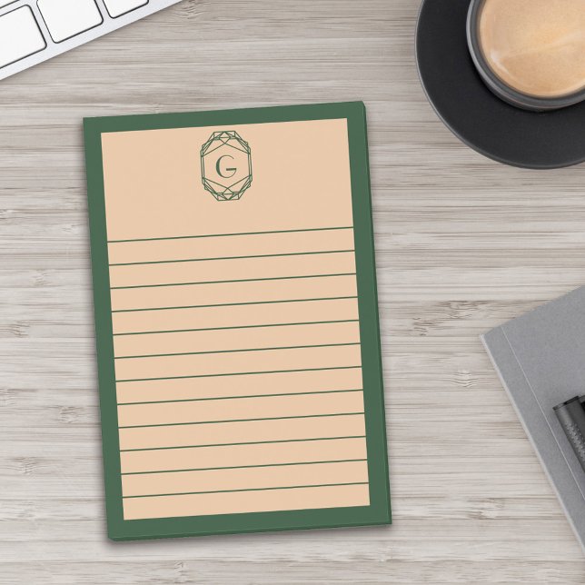 Green & Tan Geometric Art Deco Monogram Lined Post-it Notes (Creator Uploaded)