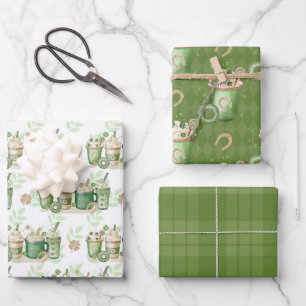 GREEN & TAN IRISH BEVERAGES & DONUTS WRAPPING PAPER SHEET