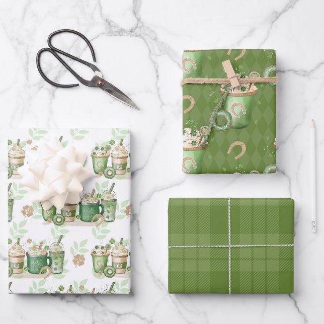 GREEN & TAN IRISH BEVERAGES & DONUTS  WRAPPING PAPER SHEET (Front)