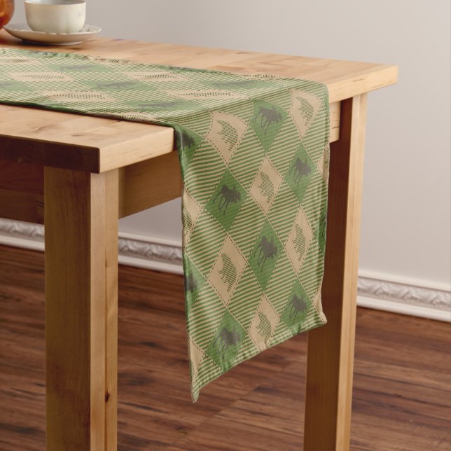 Green Tan Moose Bear Pattern Short Table Runner (In Situ)