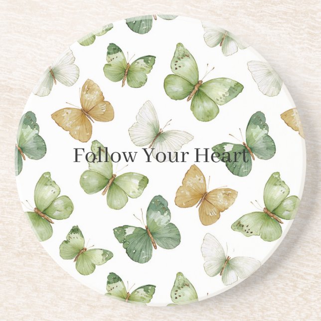 Green Tan White Butterflies Coaster (Front)