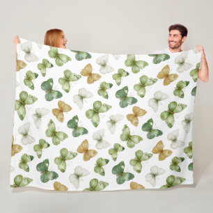 Green Tan White Butterflies Fleece Blanket