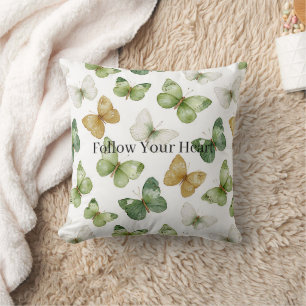 Green Tan White Butterflies Throw Pillow