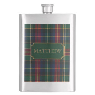 Green Tartan and Gold Label Hip Flask