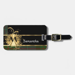 Green tartan and gold monogram luggage tag