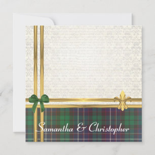 Green tartan & gold ribbon with white damask invitation