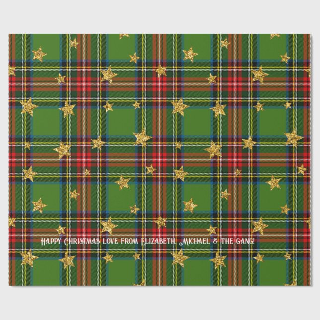 Green Tartan Gold Star Personalized Christmas Wrapping Paper (Flat)
