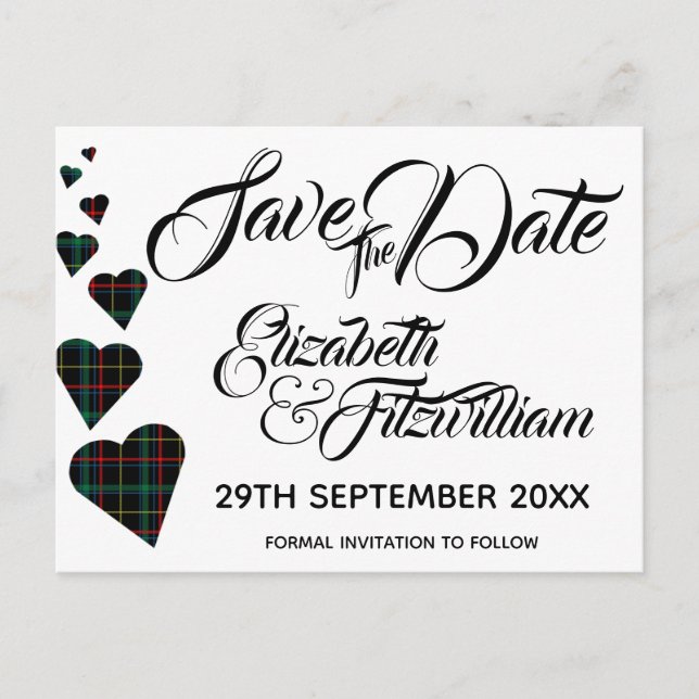 Green Tartan Hearts Save the Date Postcard (Front)