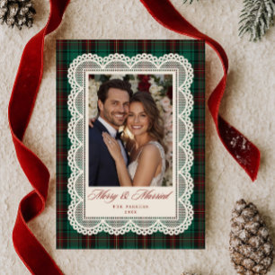 Green Tartan Lace Frame Merry & Married Photo Holiday Card