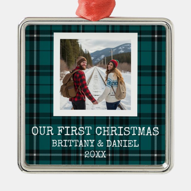 Green Tartan Our First Christmas Metal Ornament (Front)