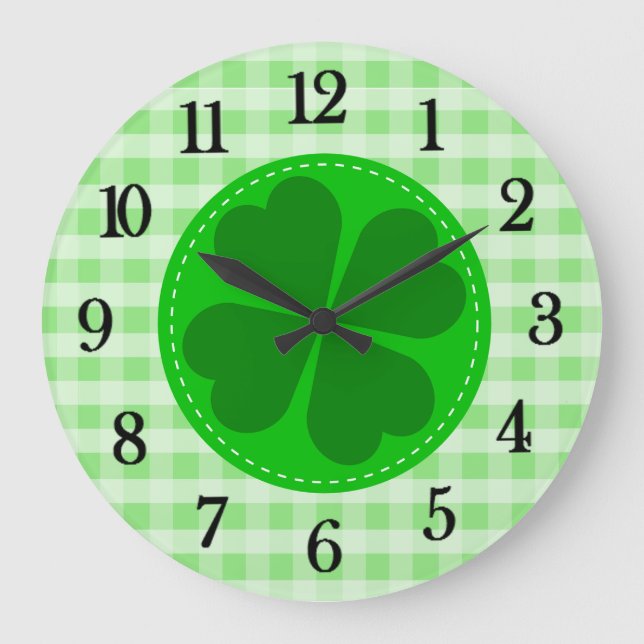 Green Tartan Pattern and Clover Lucky Large Clock (Front)
