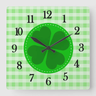 Green Tartan Pattern and Clover Lucky Square Wall Clock