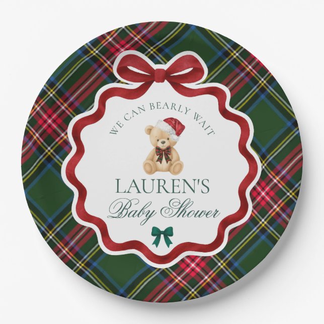 Green Tartan Plaid Christmas Bear Baby Shower  Paper Plate (Front)