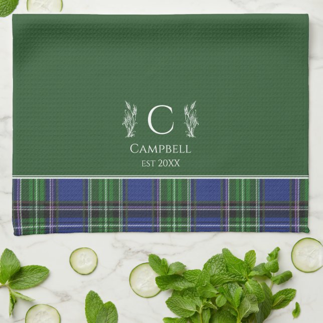 Green Tartan Plaid Custom Name Monogram Kitchen Towel (Folded)