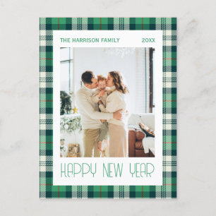 Green Tartan Plaid Happy New Year Photo Postcard