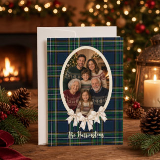 Green Tartan Plaid Photo Christmas Card Ribbon Bow