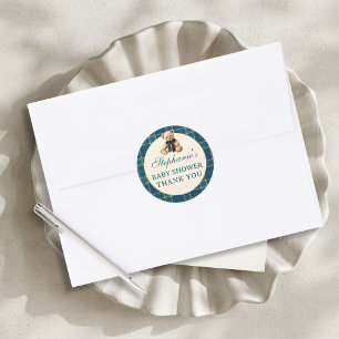 Green Tartan Plaid Vintage Teddy Bear Baby Shower Classic Round Sticker