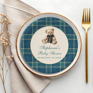 Green Tartan Plaid Vintage Teddy Bear Baby Shower Paper Plate