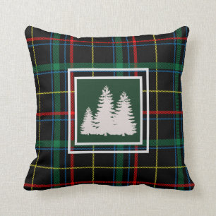 Green Tartan Plaid  white  Pine Tree  Silhouette Throw Pillow