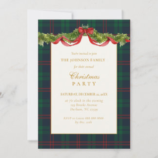 Green Tartan Plaid with Garland Christmas Party Invitation
