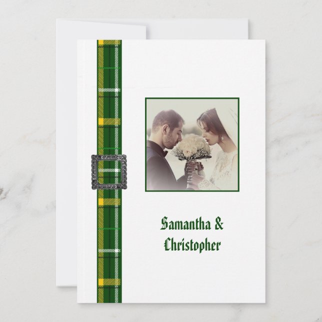 Green tartan wedding photo invitation (Back)