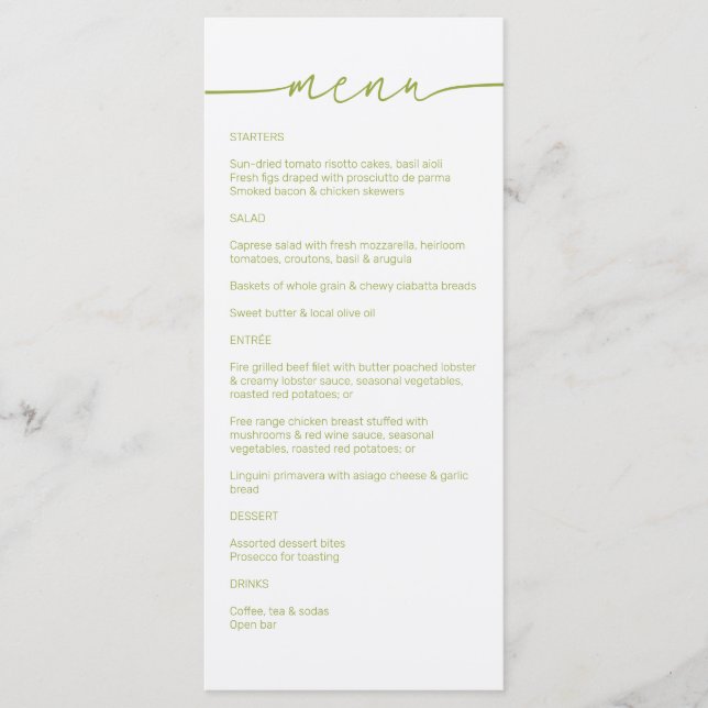 Green Tea • Modern Minimalist Script Wedding Menu (Front)