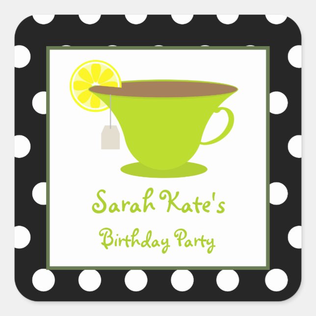 Green Teacup Polka Dot Birthday Party Stickers (Front)