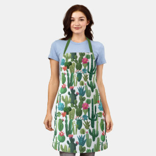 Green Teal Blooming Cacti Pattern Apron