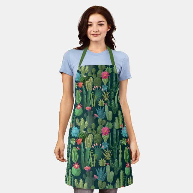 Green Teal Blooming Cacti Pattern Apron (Worn)