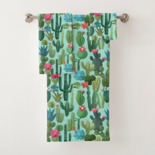 Green Teal Blooming Cacti Pattern Bath Towel Set