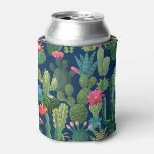Green Teal Blooming Cacti Pattern Can Cooler