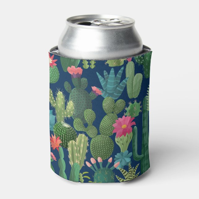 Green Teal Blooming Cacti Pattern Can Cooler (Can Front)