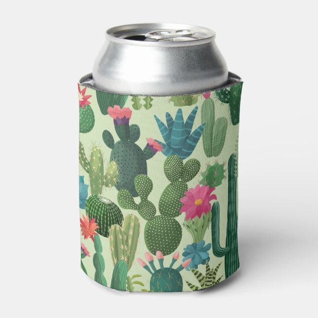 Green Teal Blooming Cacti Pattern Can Cooler (Can Front)