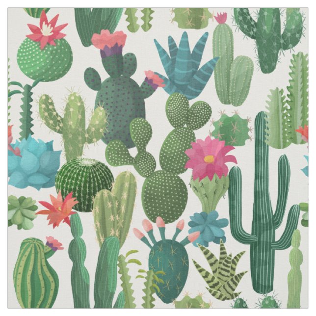 Green Teal Blooming Cacti Pattern Fabric (Swatch)