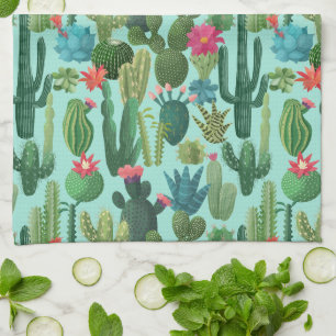 Green Teal Blooming Cacti Pattern Kitchen Towel