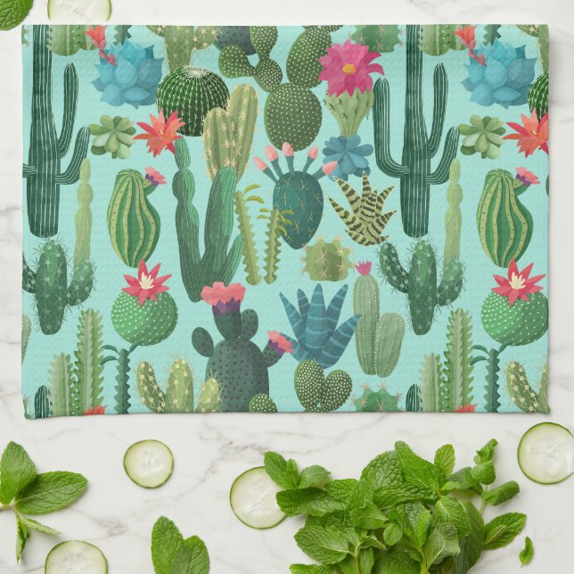Green Teal Blooming Cacti Pattern Kitchen Towel (Folded)
