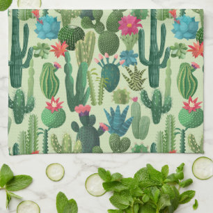 Green Teal Blooming Cacti Pattern Kitchen Towel