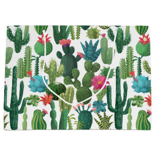 Green Teal Blooming Cacti Pattern Large Gift Bag